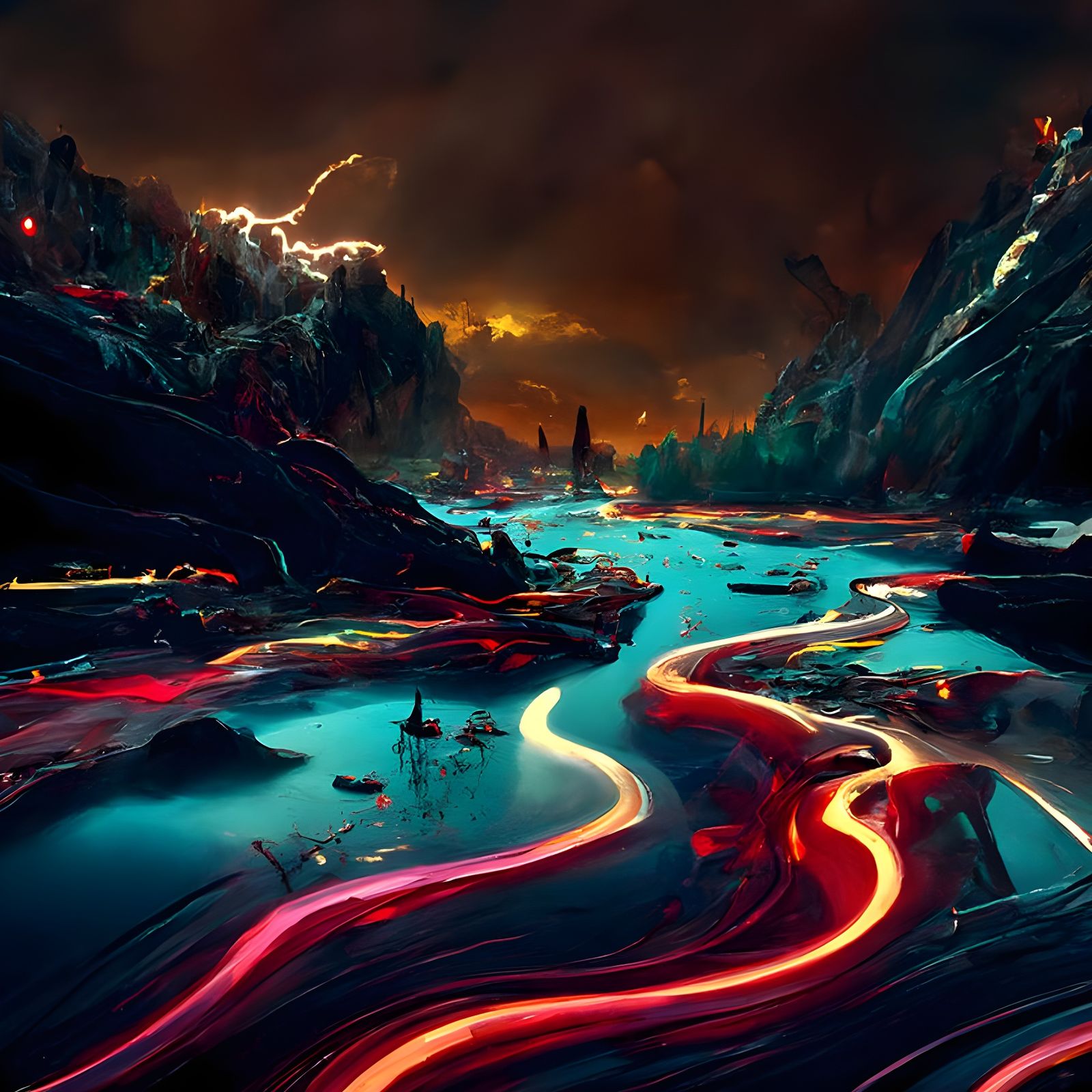 Mystical Neon River Landscape in Hyperrealism
