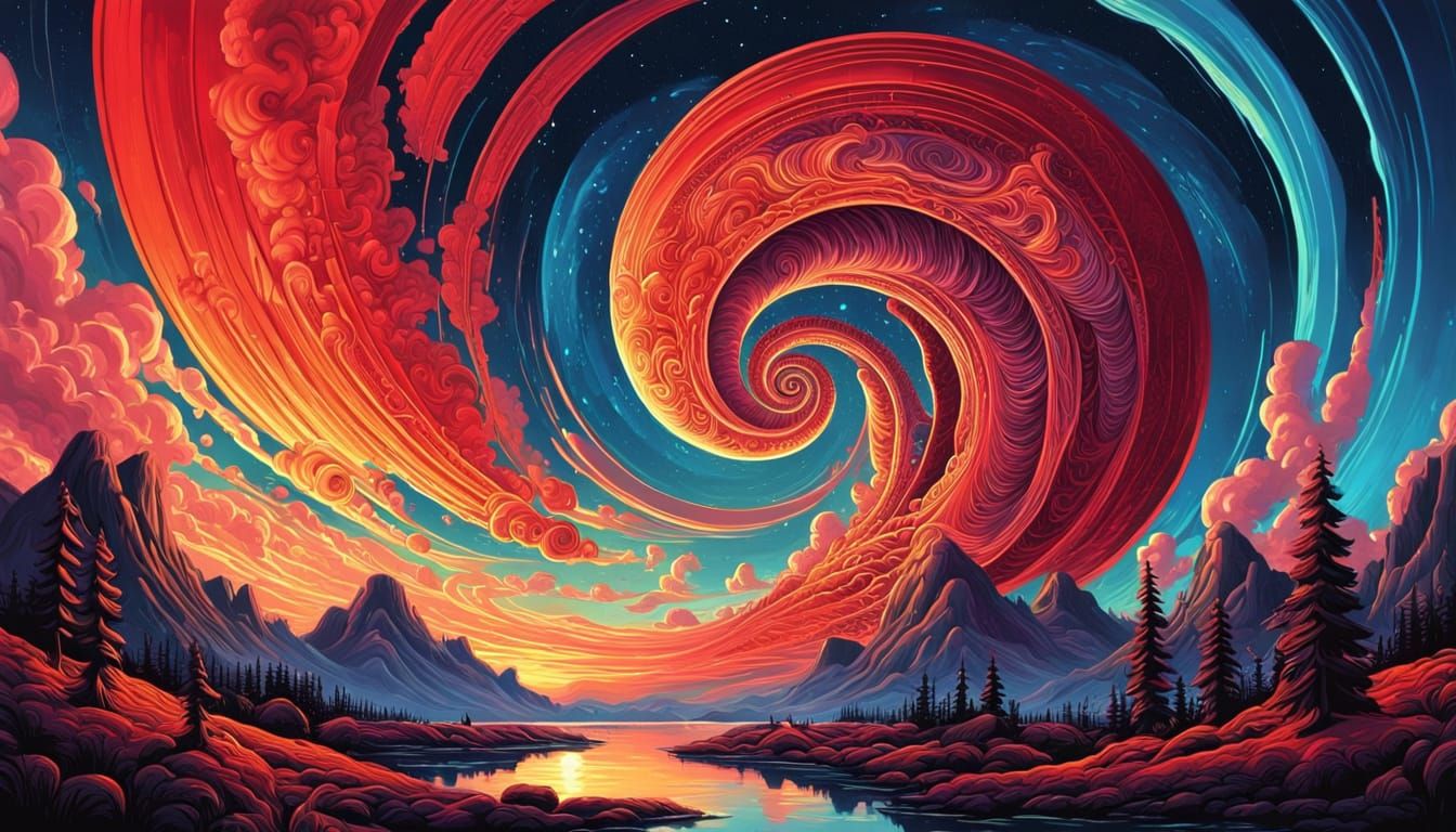 Psychedelic Spiral Sky Over Red Lake