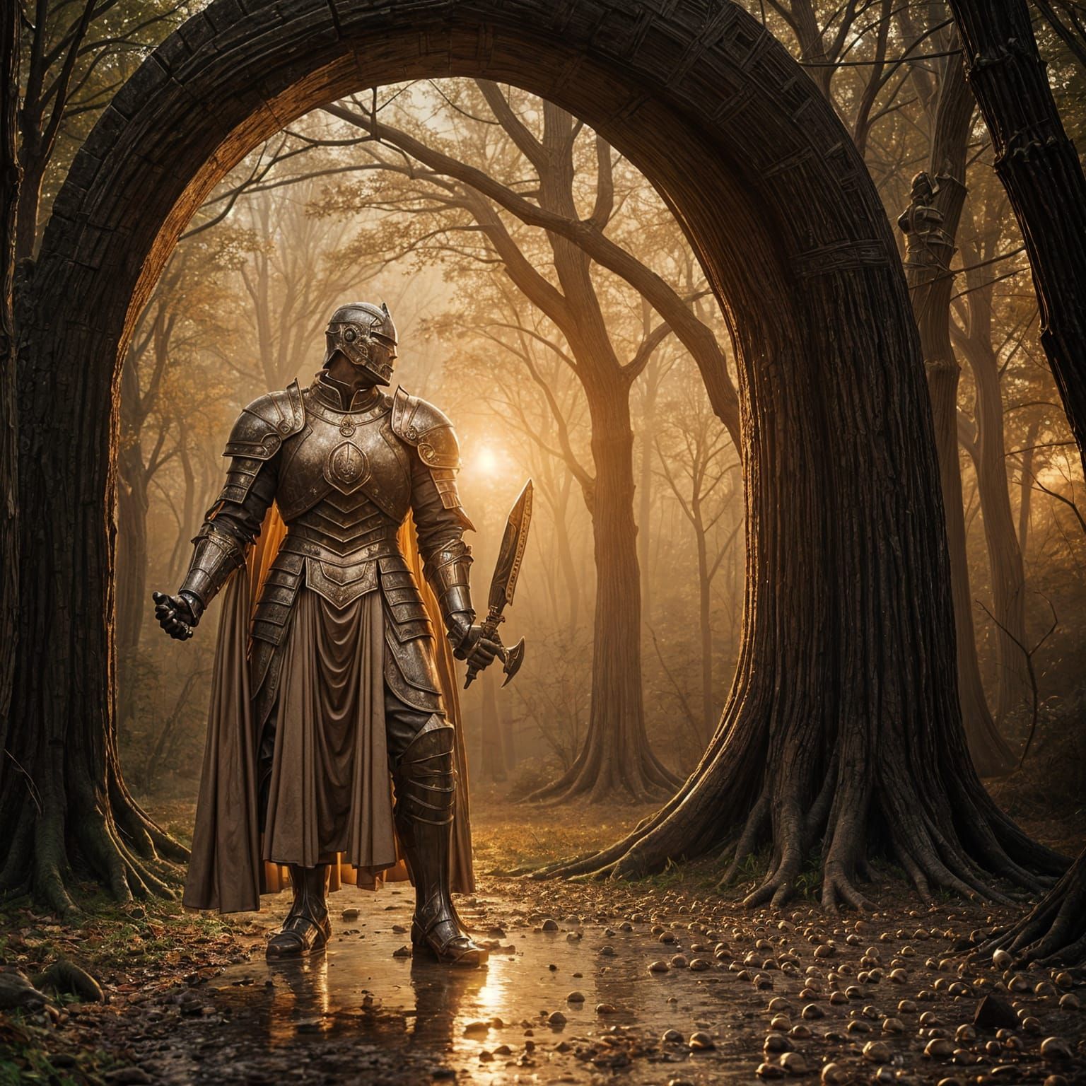 Knight in Acorn Armor Guards Mystical Portal