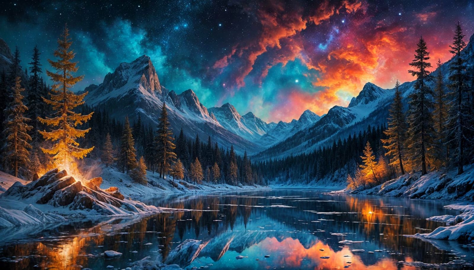 Campfire by Frozen Lake Under Cosmic Sky