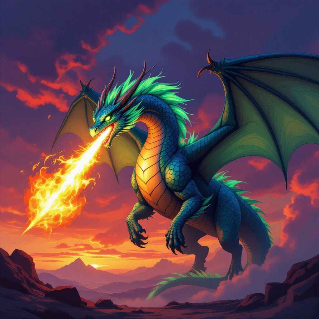 Majestic Sapphire Dragon Against Crimson Sky