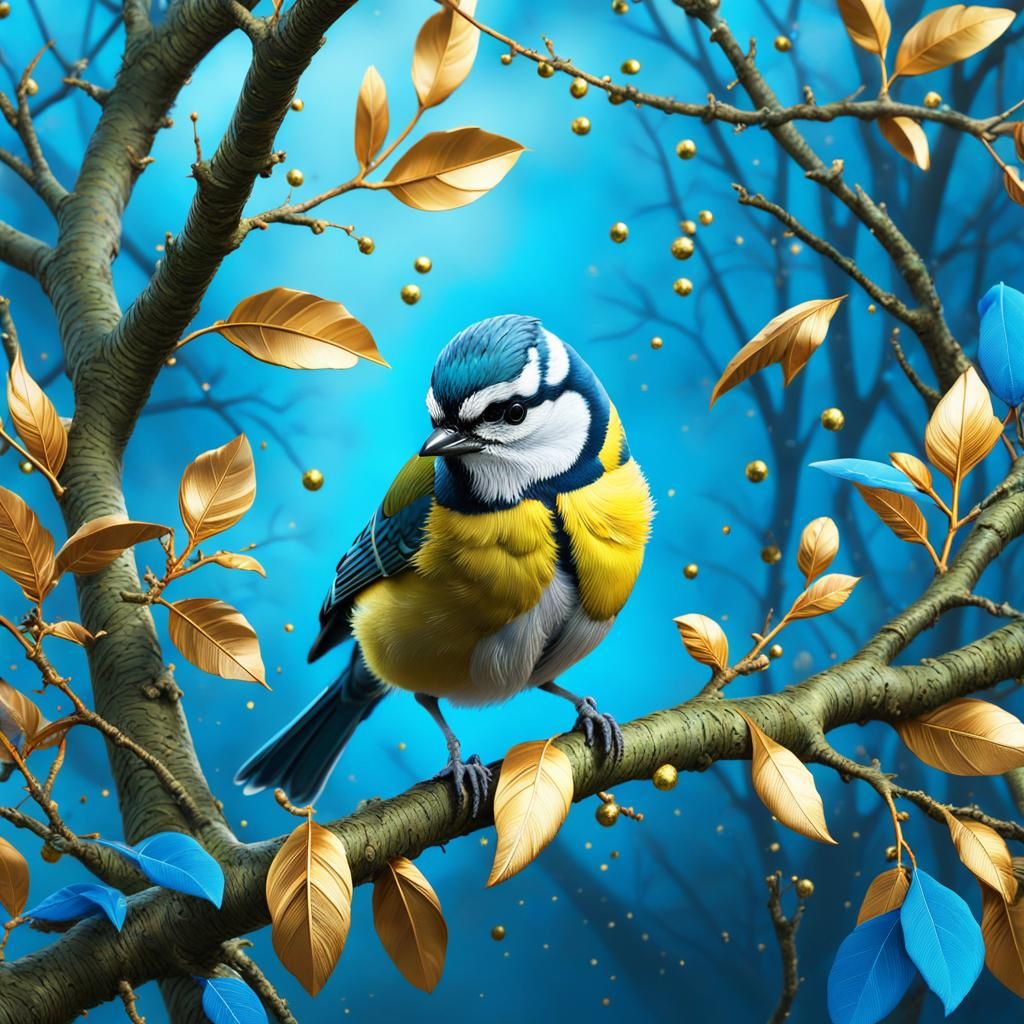 Blue Tit Bird in Vibrant Gouache with Gold Gilding