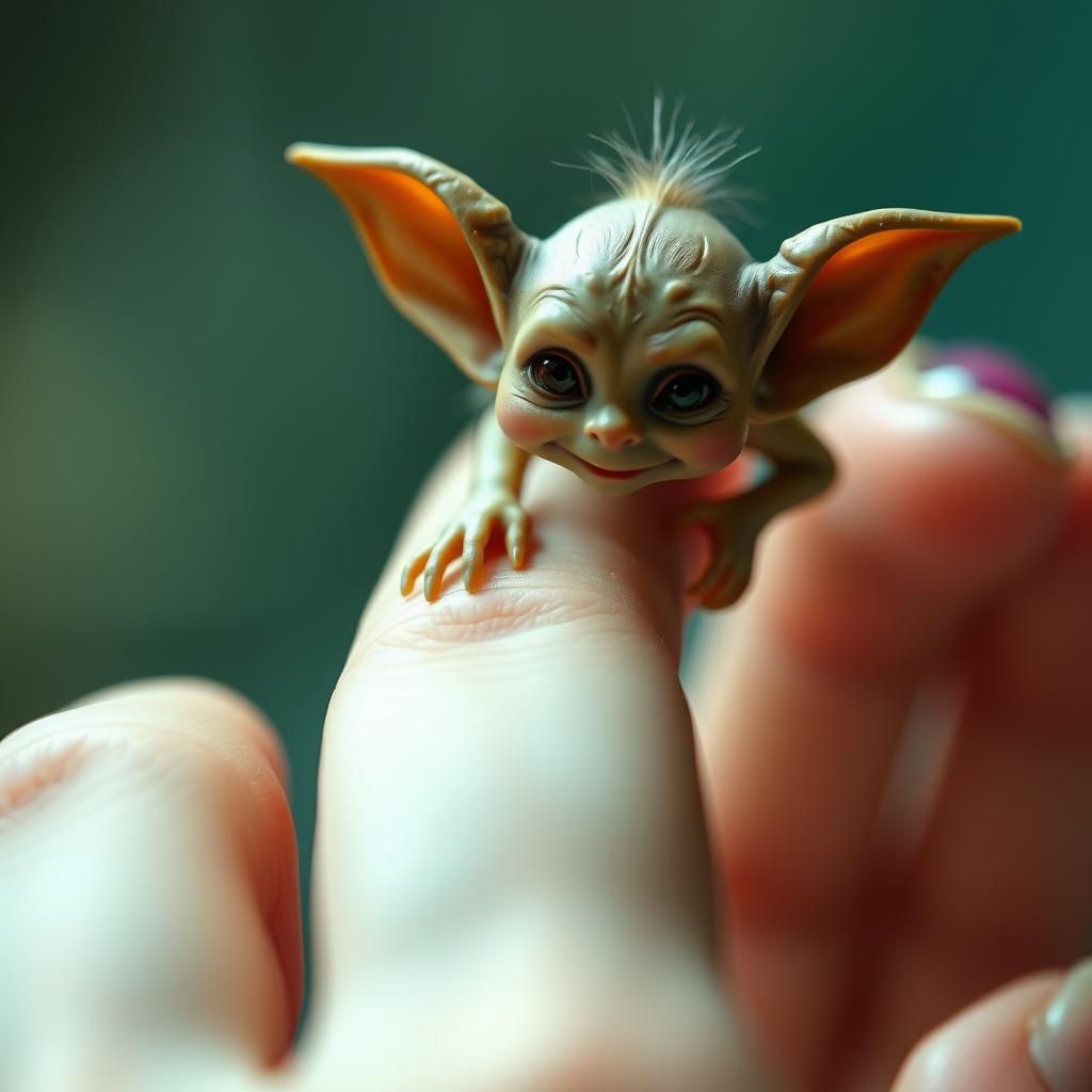 Goblin Perched on Fingertip in Fantasy Realism