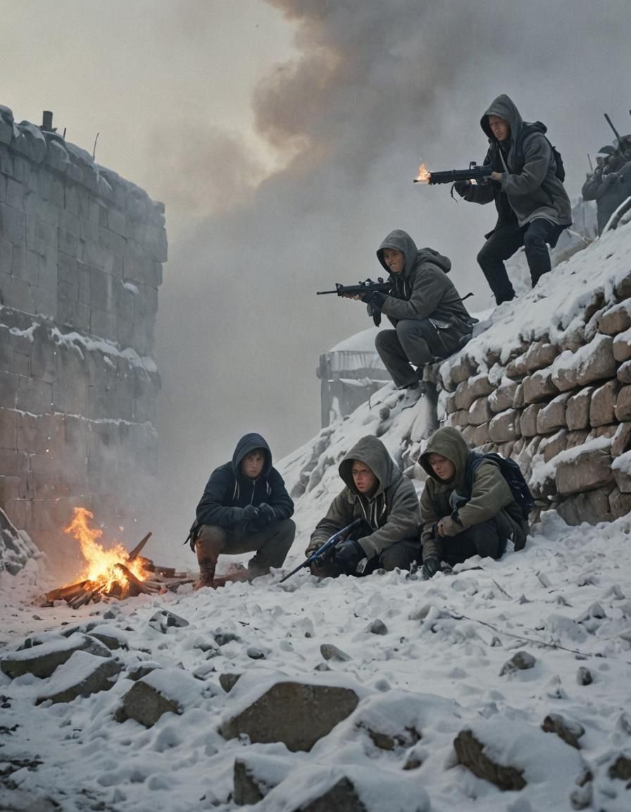 Dramatic Teenagers in Snow Battlefield: Cinematic War Scene