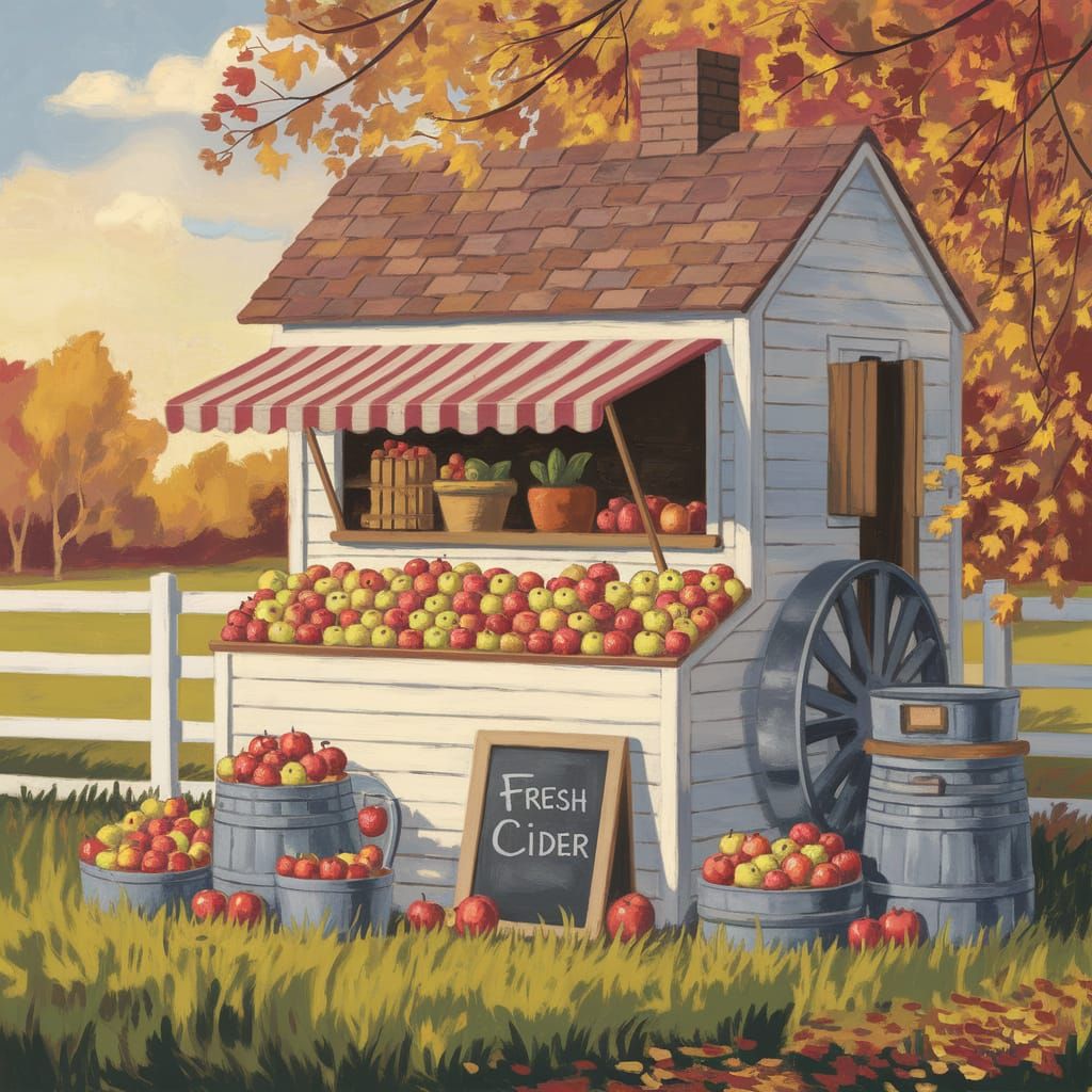 An old-fashioned farm cider stand laden with apples and a ci...