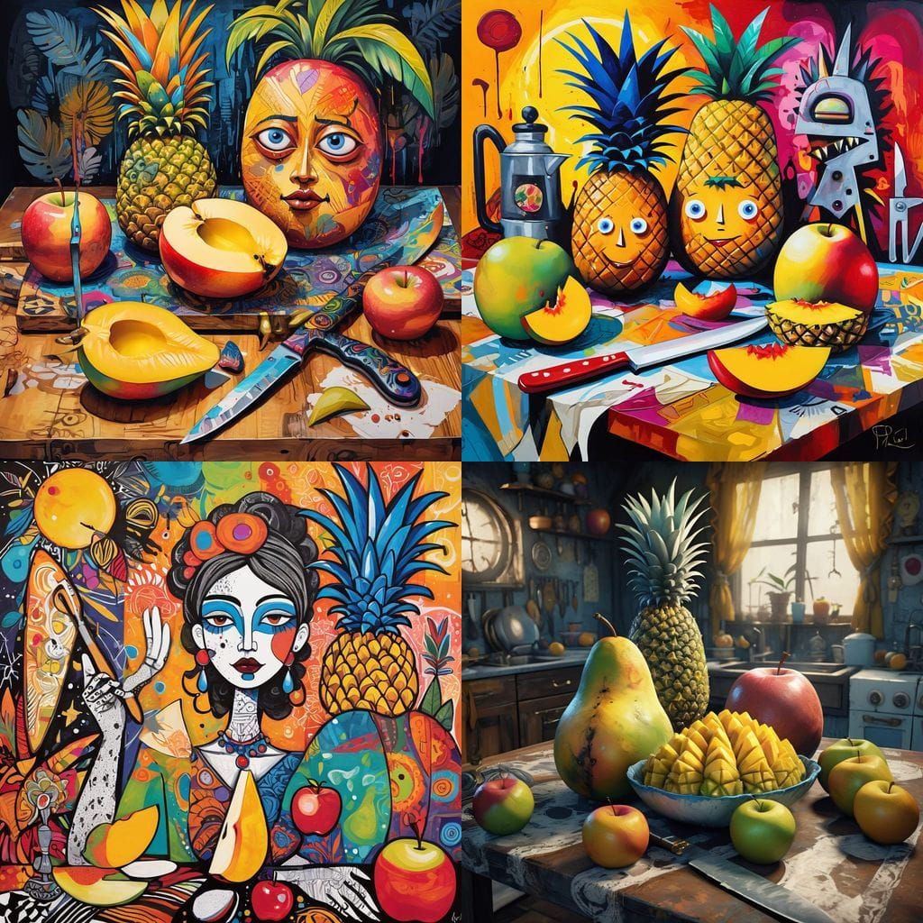 Surreal Fruit Friends Gather in Kitchen Table Scene