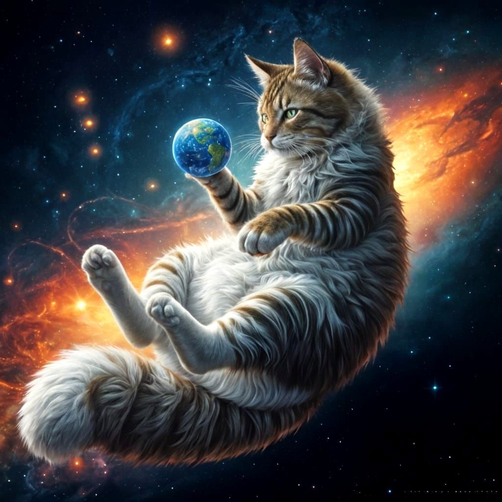 Giant Cat Batting Earth Ball in Space