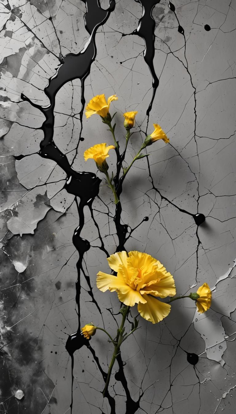 Vibrant Carnation Dripping Oil on Cracked Wall