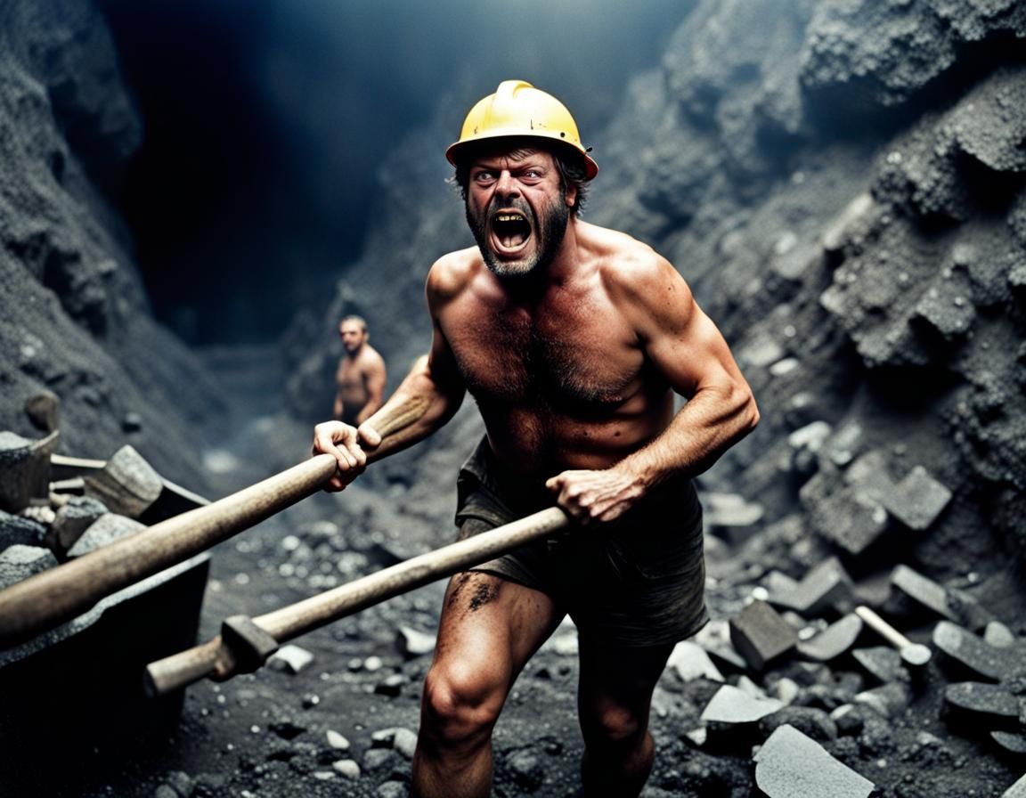 Shirtless Man with Pickaxe in Coal Mine