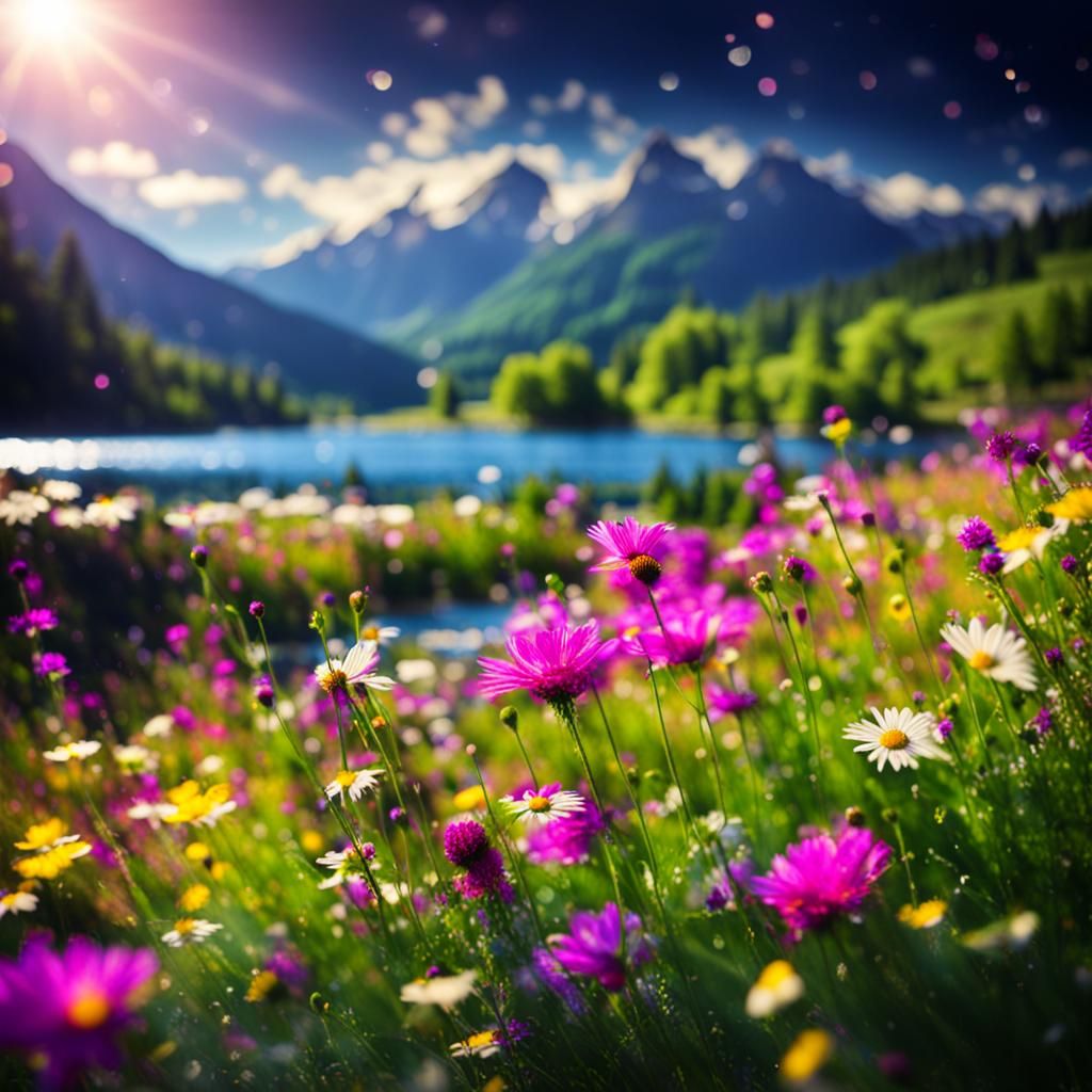 Vibrant Flower Meadow with Bokeh Landscape