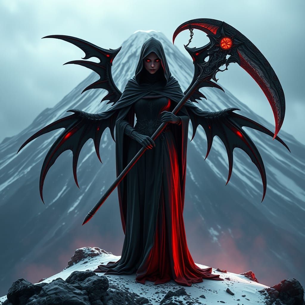 Cloaked Reaper Woman on Volcano Peak