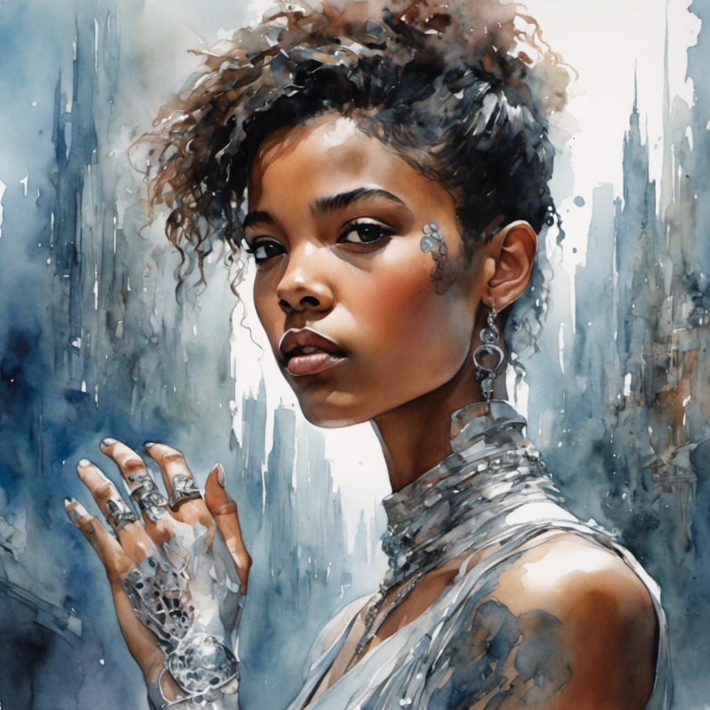 Girl with Silver Tattoo in Futuristic City