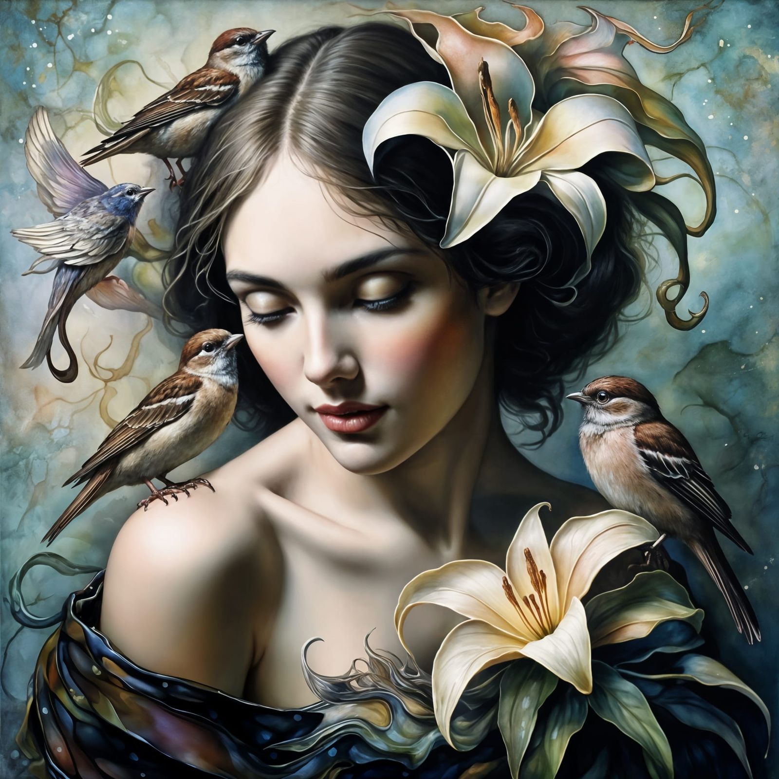 Surrealistic Portrait of a Young Girl with Sparrows in a Nat...