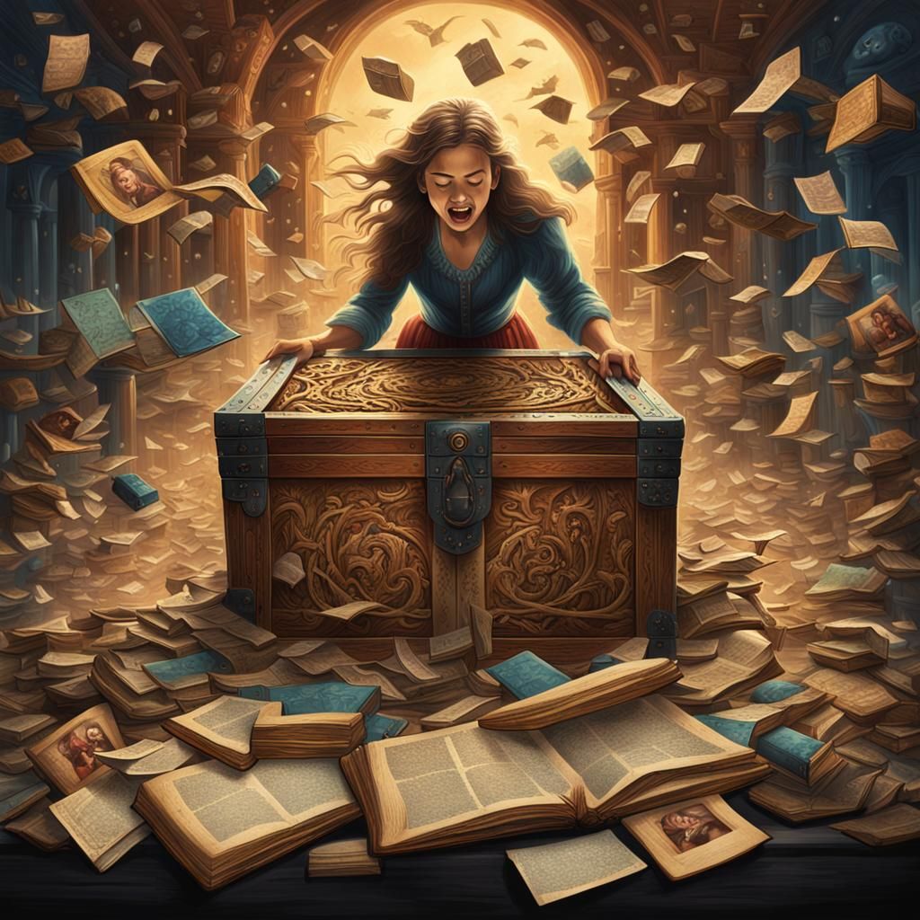 Woman Opens Chest Releasing Photographs, Book Illustration