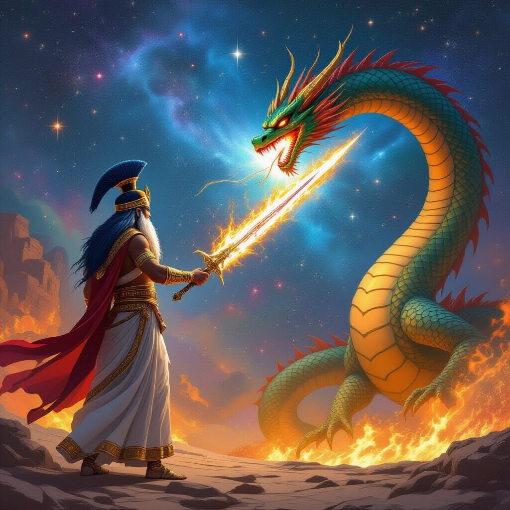 Mesopotamian God Battles Dragon in Retro-Futuristic Style