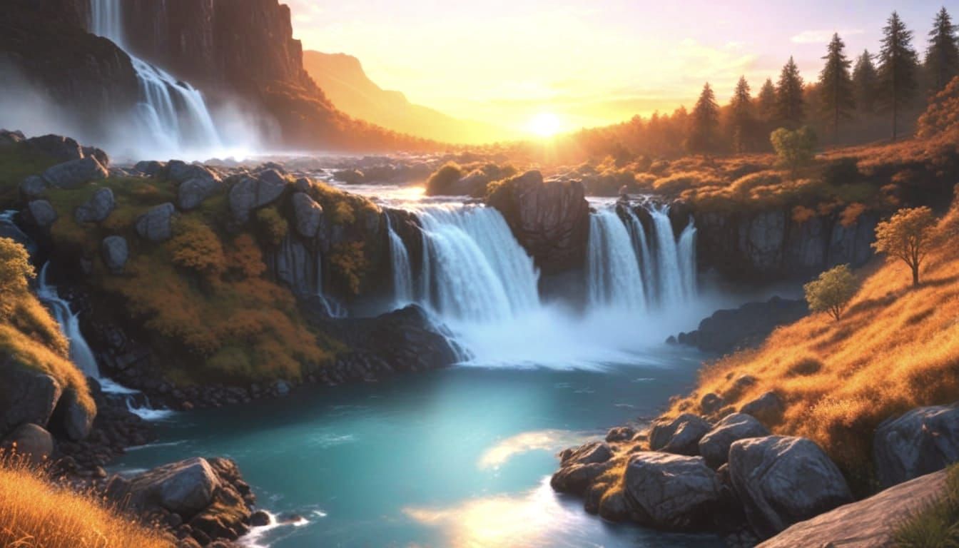 Hyperdetailed Waterfall at Sunset