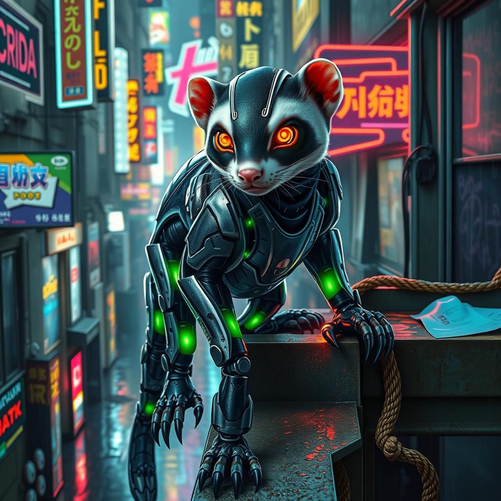 Cyberpunk Ferret: Neon Cityscape Vigilante
