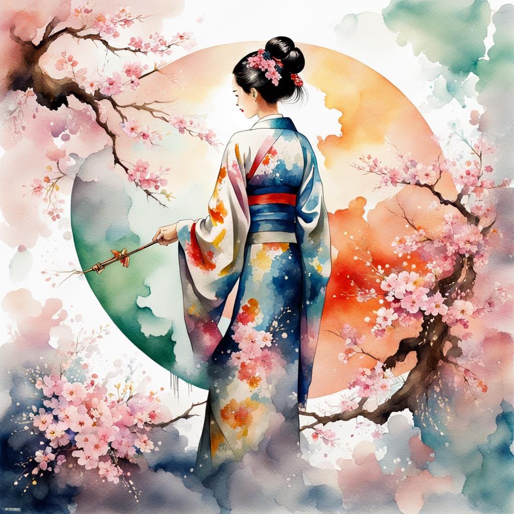Impressionistic Watercolor of Woman in Kimono with Sakura