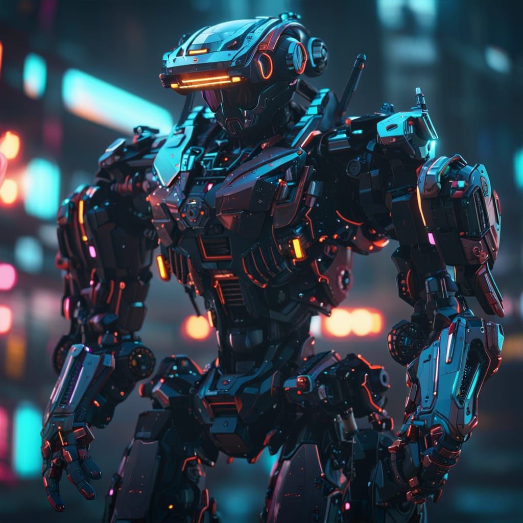 Neon Robot in War: Futuristic Sci-Fi Render