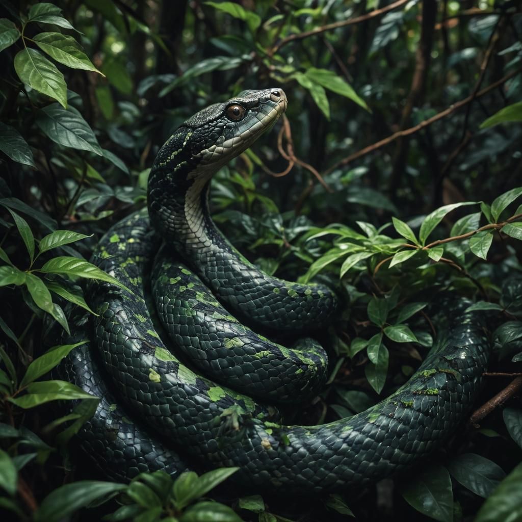 Serpent Coiled in Rainforest Foliage: Wildlife Photography