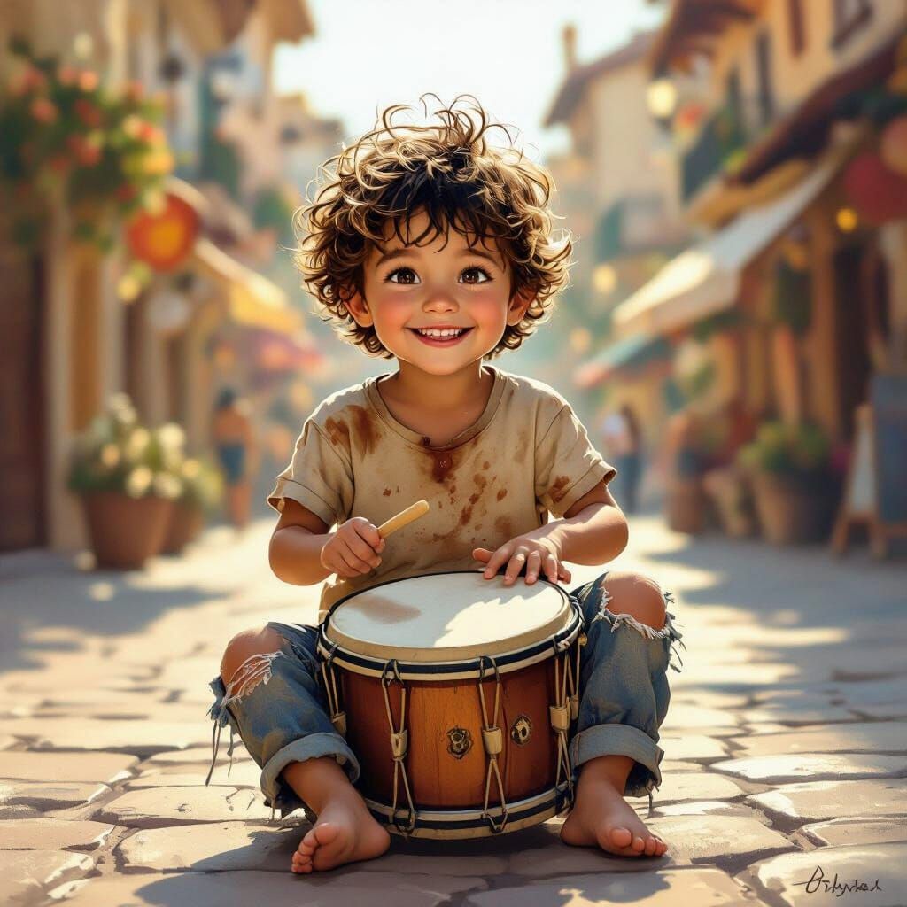 Joyful Boy Plays Drums in Sunlit Town Square