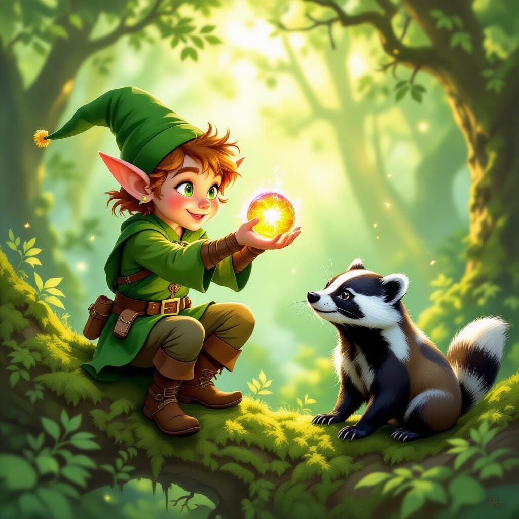 Mischievous Elf Taunts Badger in Enchanted Forest
