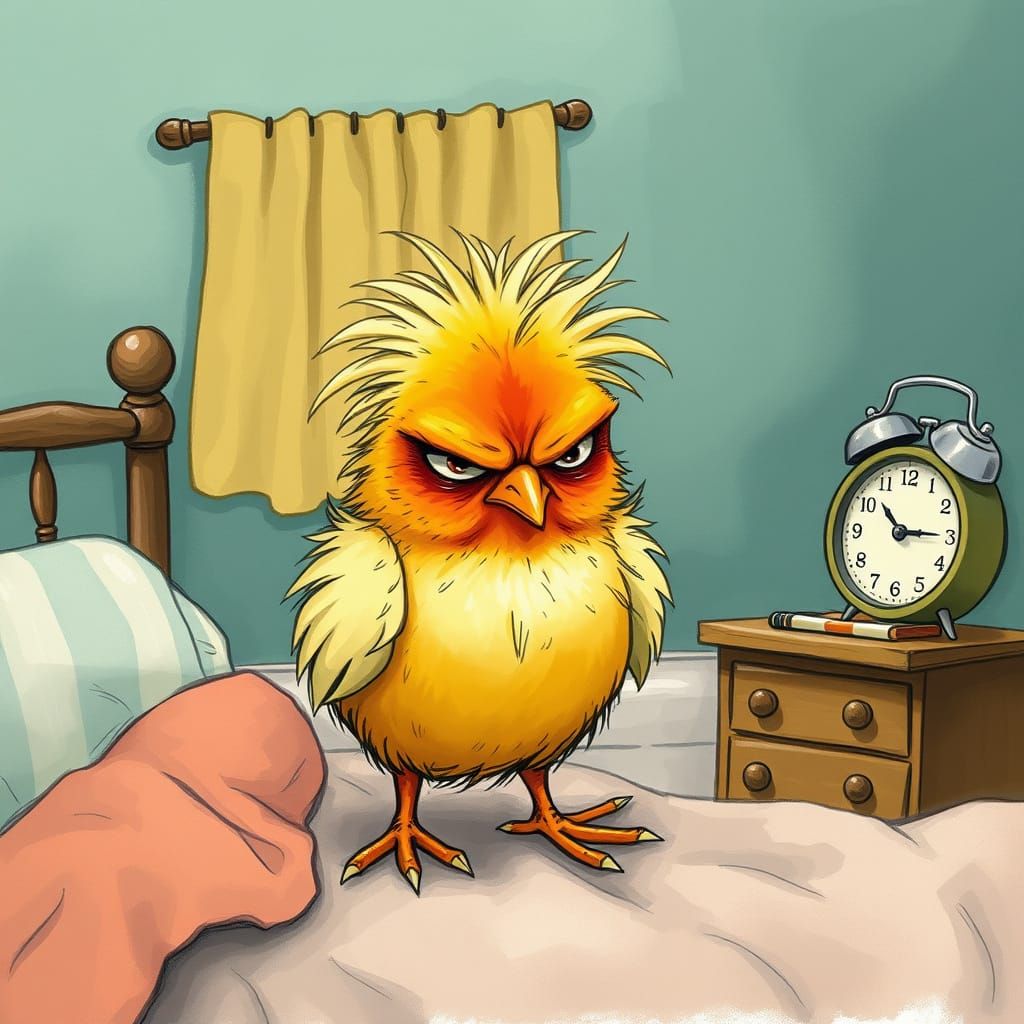 Angry Chick Glaring at Alarm Clock, Whimsical Art