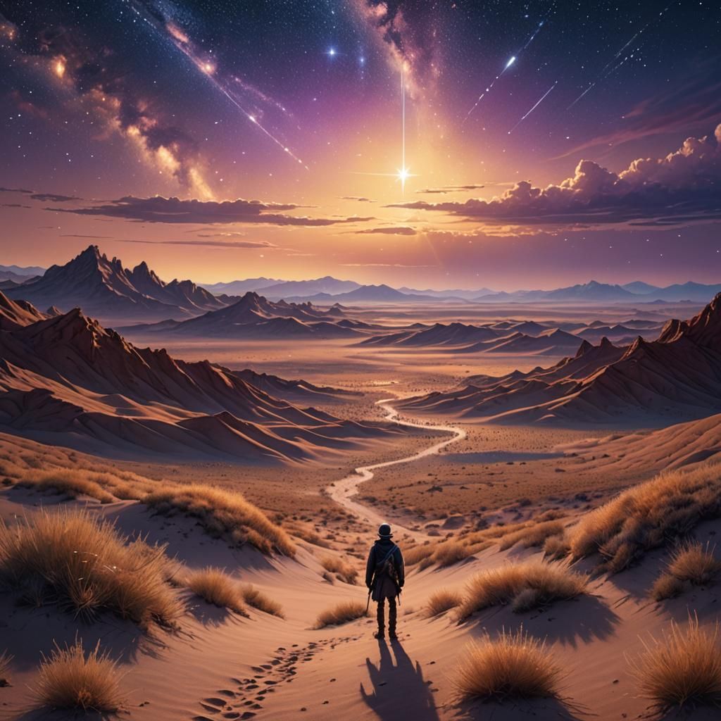 Lone Traveler Gazing at Starry Desert Sky