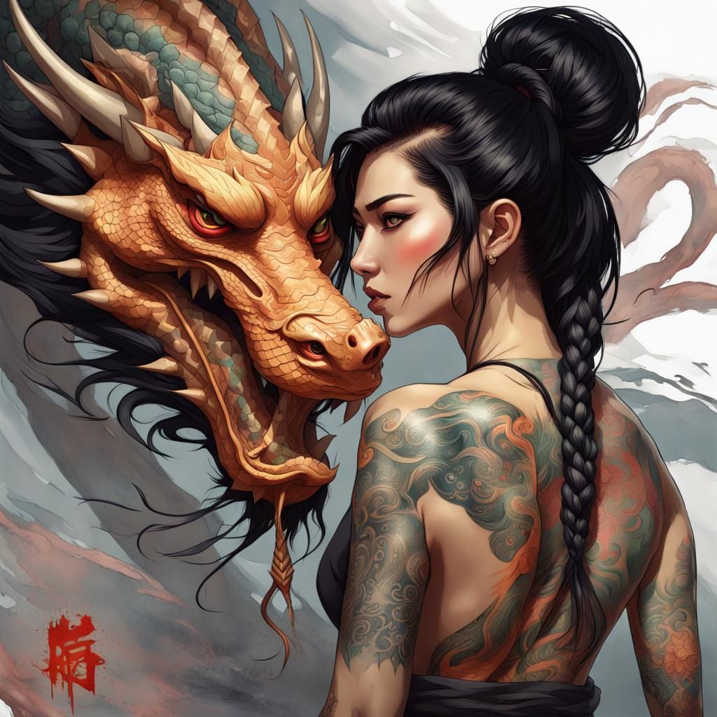 Japanese Woman with Dragon Tattoo in Village