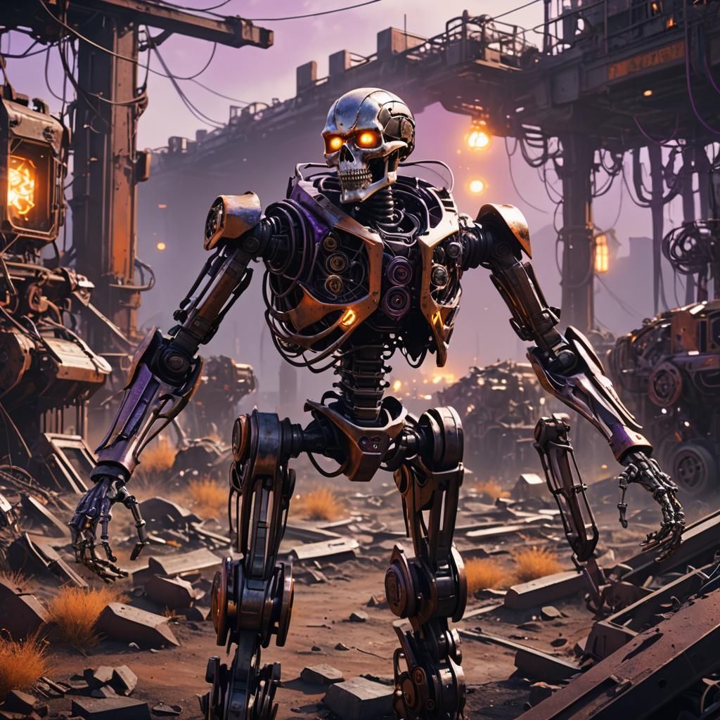 Mecha Skeleton in Metallic Graveyard: Industrial Concept Art