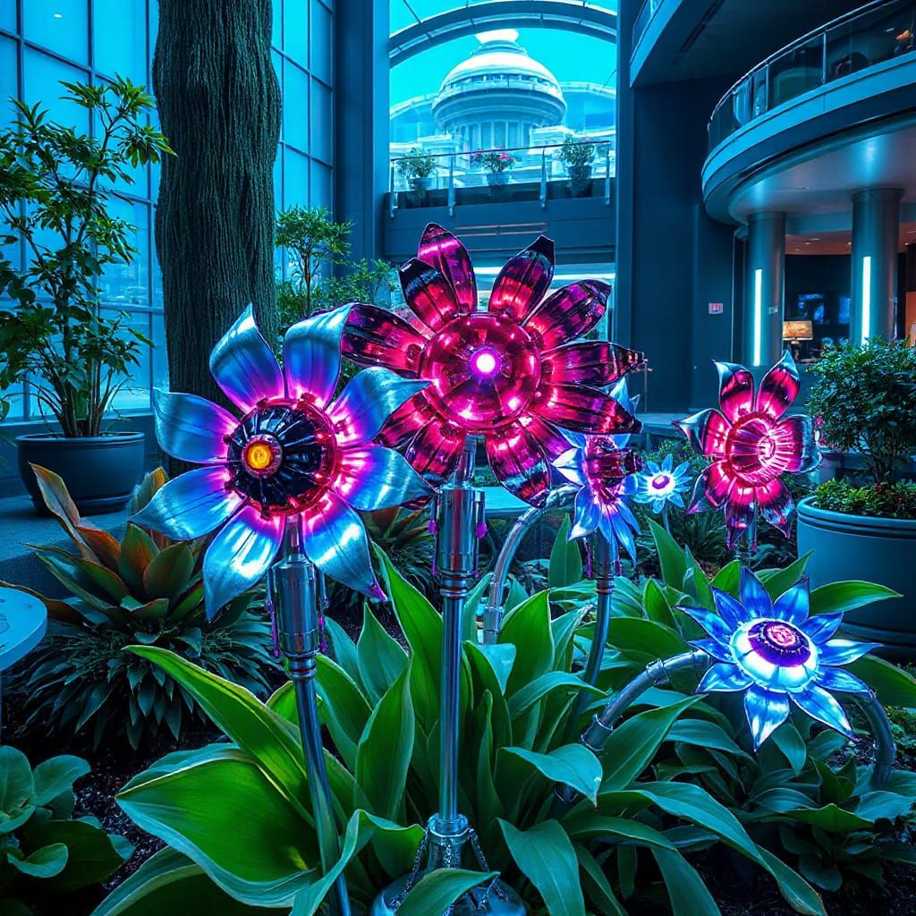 Vibrant Mechanical Flowers in Futuristic Sci-Fi Garden