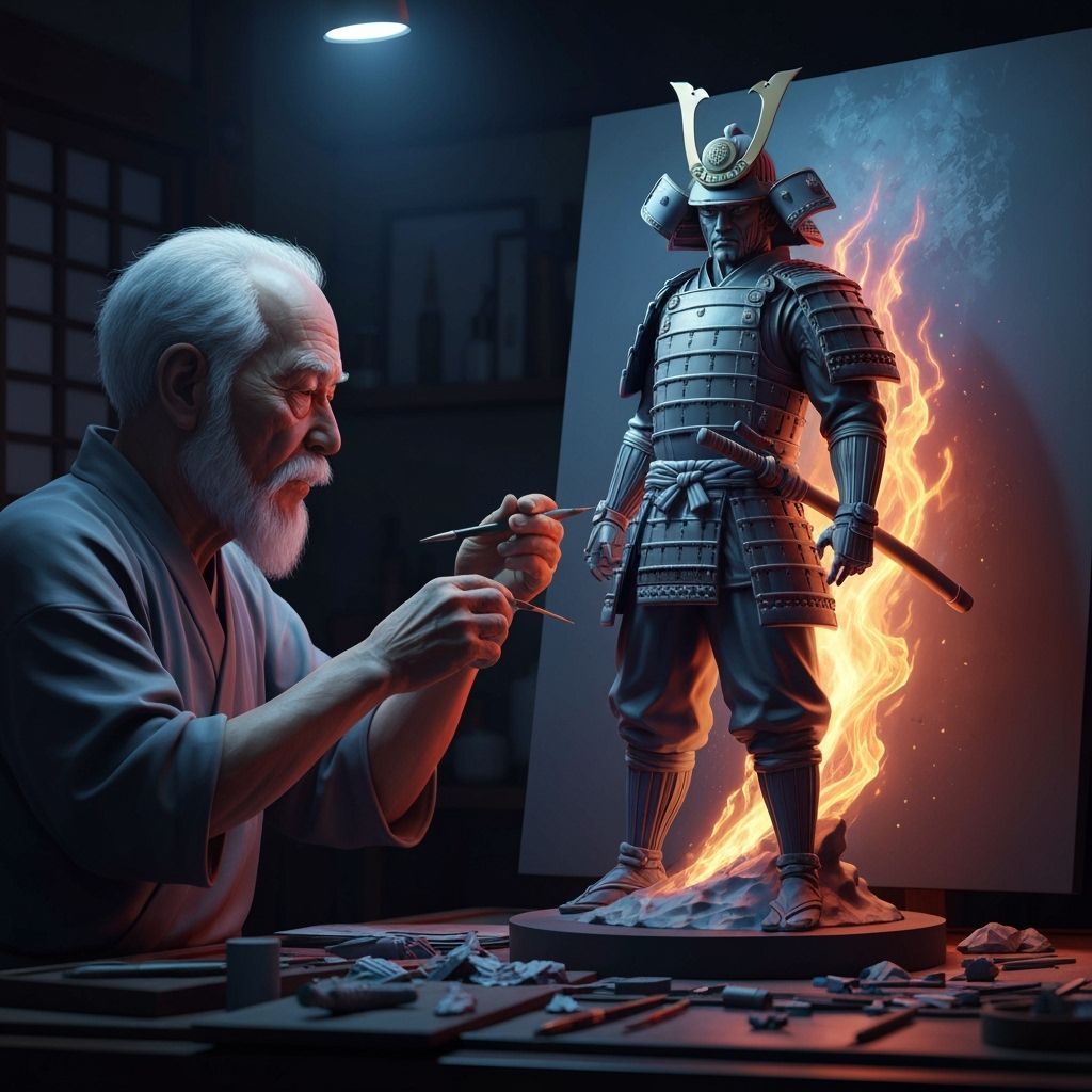 Elderly Artist Crafts Epic 3D Samurai Sculpture