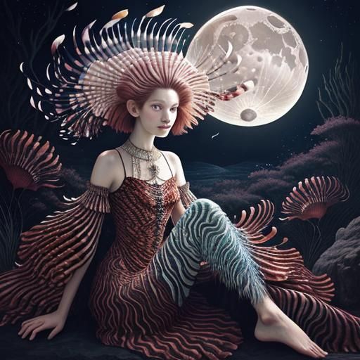 Luminous Lionfish Lady in Lunar Light, Lithograph Style