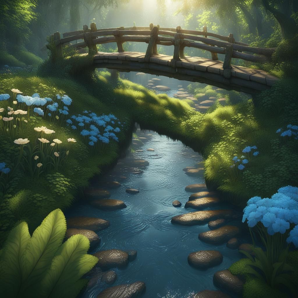 Enchanting Forest Stream Under Wooden Bridge