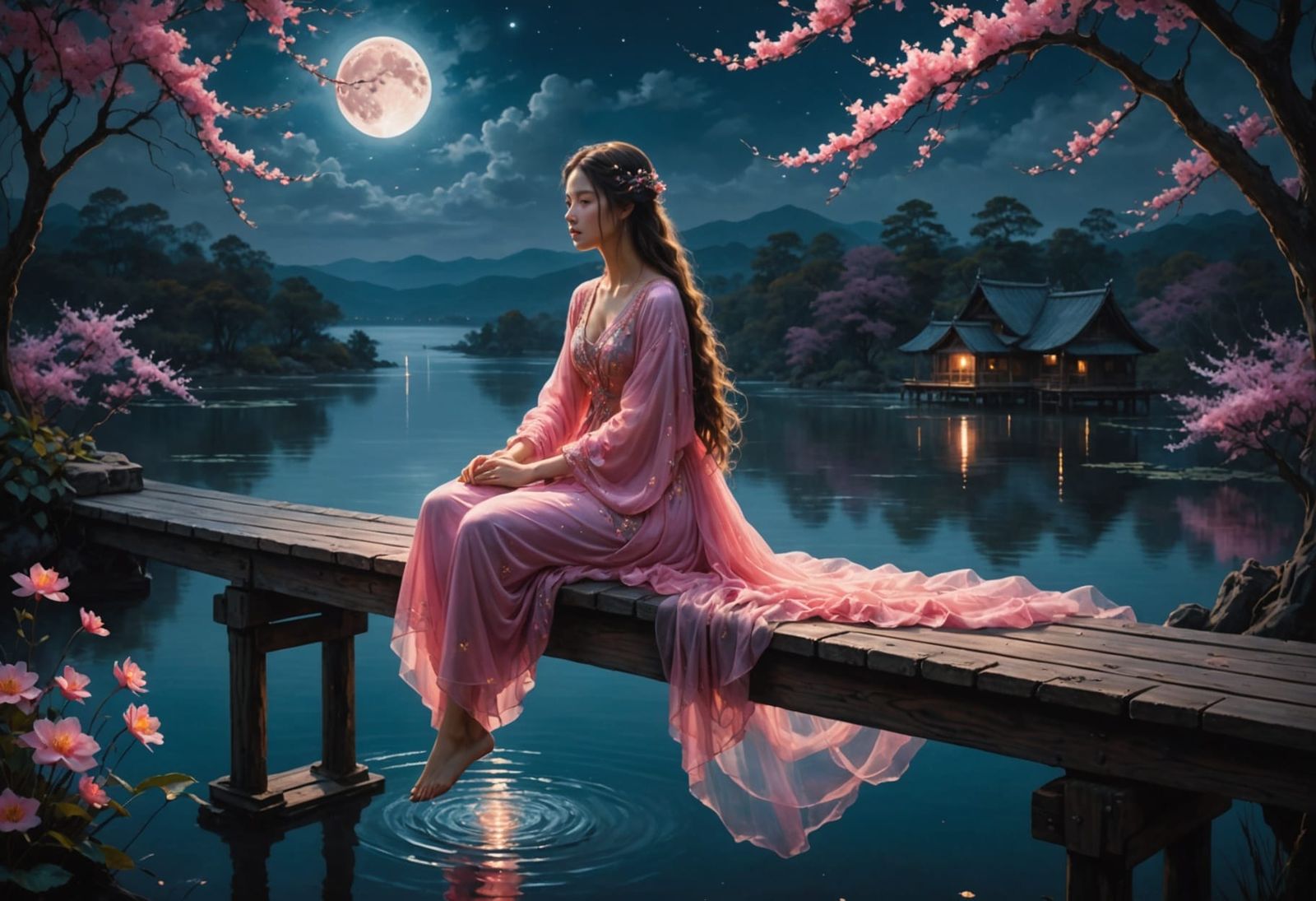 Mystical Woman on Bridge Under Full Moon