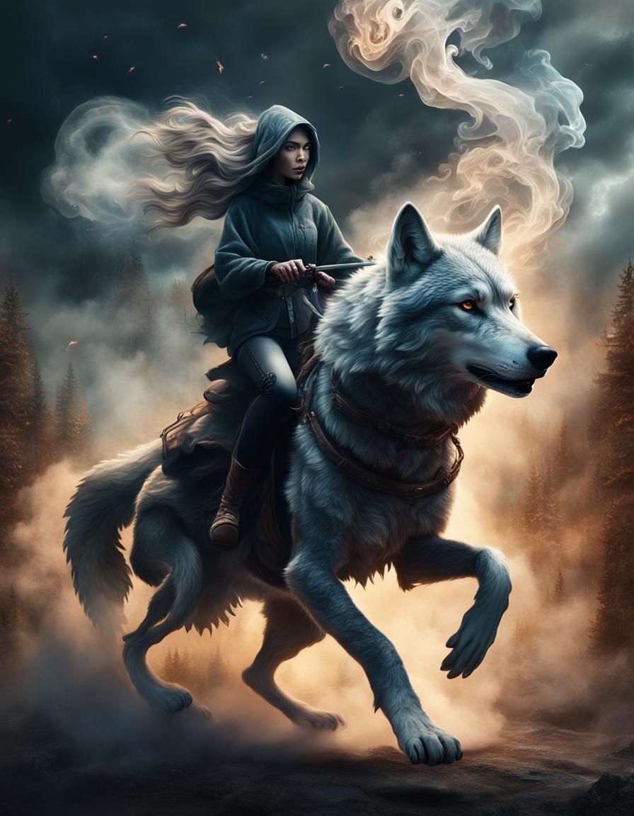 hooded girl riding wolf