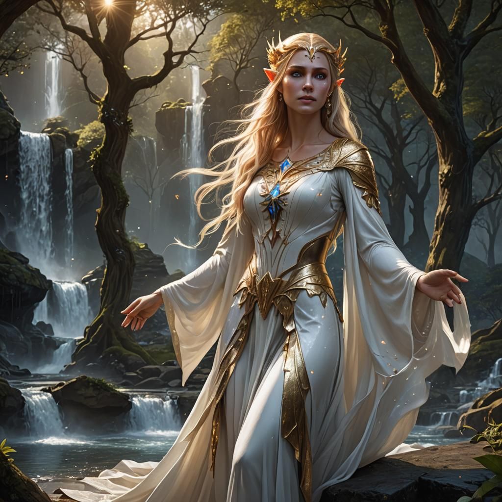 Golden Elf Queen in a Waterfall Landscape