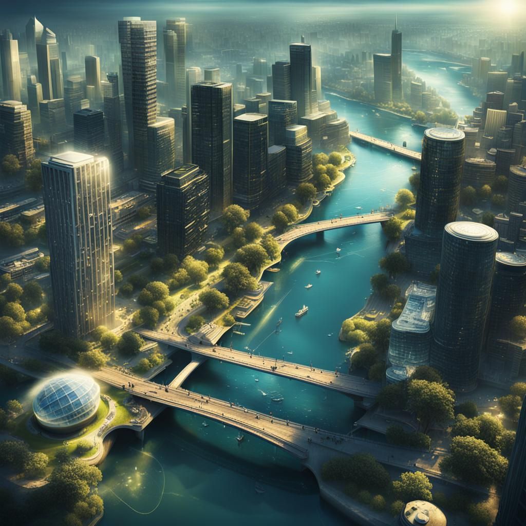Futuristic Sci-Fi Cityscape with Waterways in Sunlight