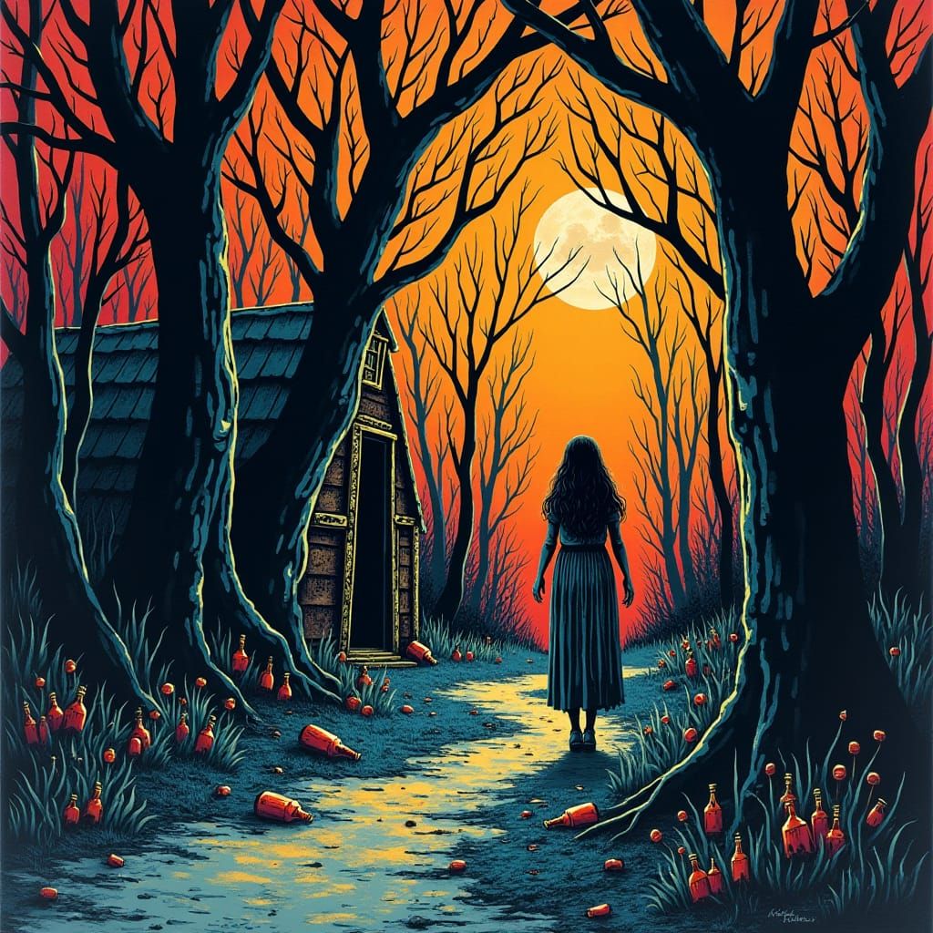 woodcut, linocut, relief print. brightly colored cursed gyps...