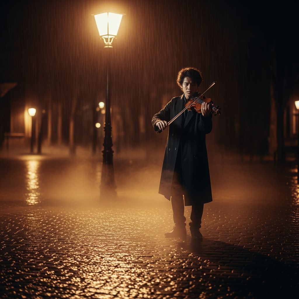 Violinist Plays on Rainy Street in Film Noir Style