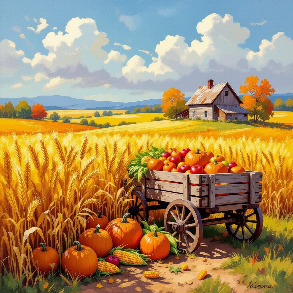 Vibrant Impressionistic Harvest Scene in Sun-Drenched Valley
