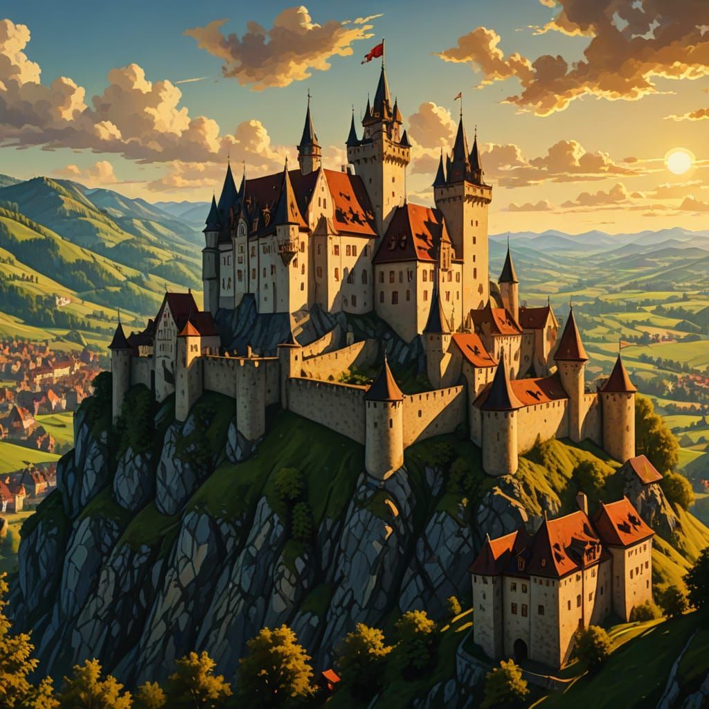 Austrian Medieval Castle with Knights in Digital Art