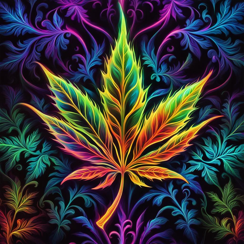 Psychedelic Weed Leaf on Fractal Graffiti Background