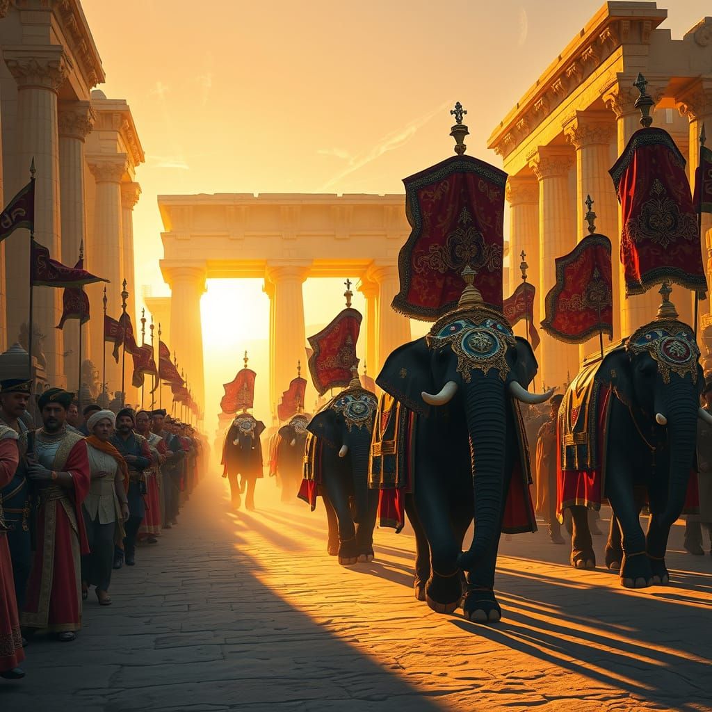 Persian Nobles Lead Grand Procession with Elephants and Bann...