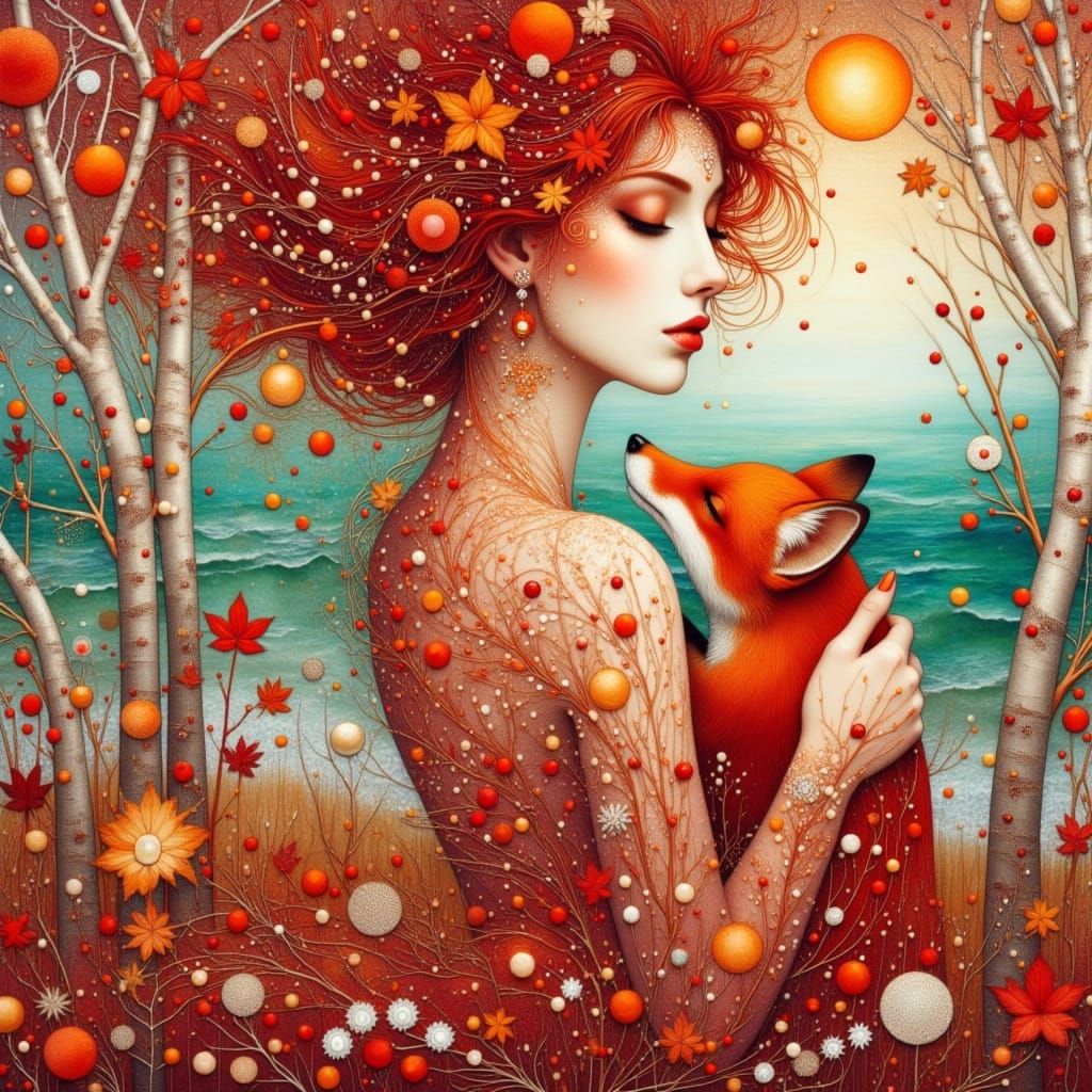 Fiery Wild Woman in Vibrant Red Dress and Silver Birch Trees