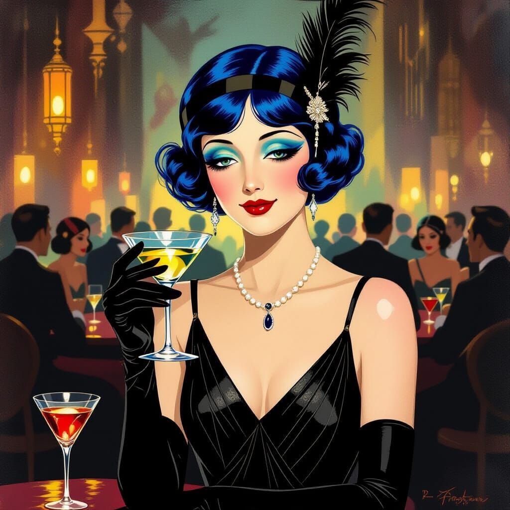 Art Deco Flapper Girl with Blue Hair and Martini Glass