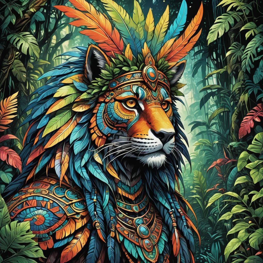 Aztec Animal in Mythical Jungle: Anime Manga Style