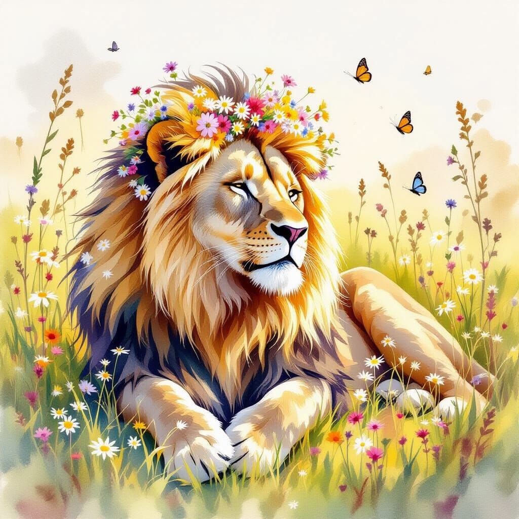 Lioness in Wildflower Meadow: Watercolor Painting