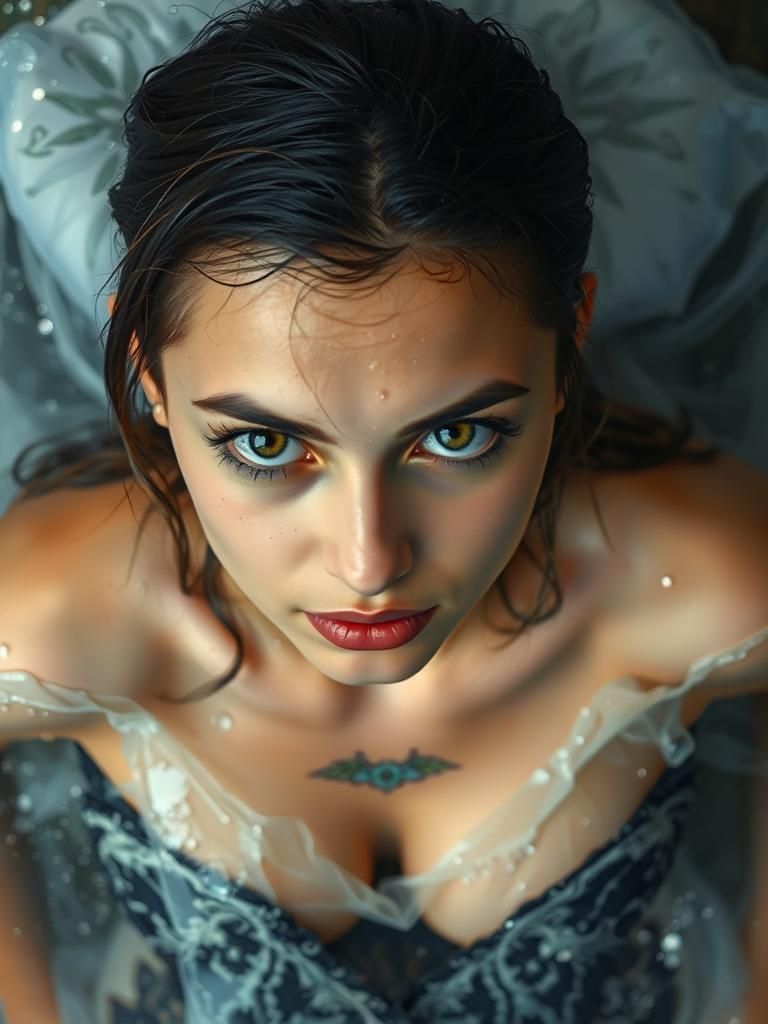 Woman with Tattoo in Gouache-Style, Dreamlike Close-Up