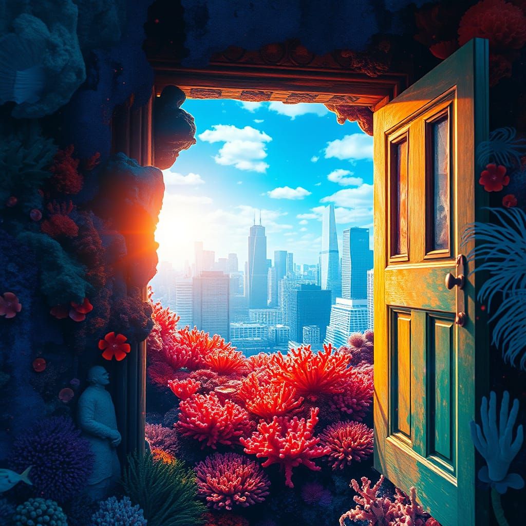 Underwater Doorway to Cityscape: Impressionistic Coral Reef
